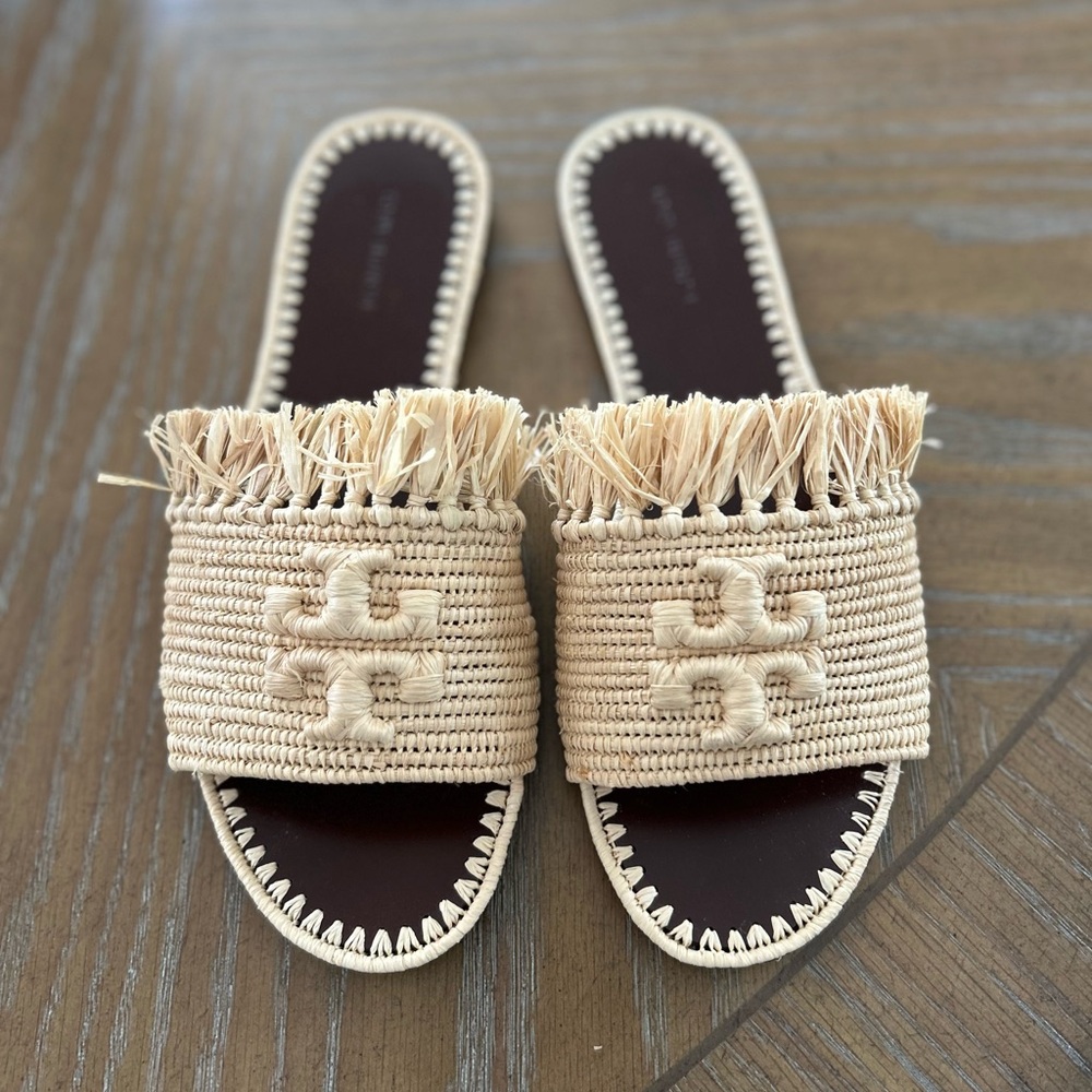 TORY BURCH Eleanor Large Logo Woven Fringe Slide in Raffia Size 7.5